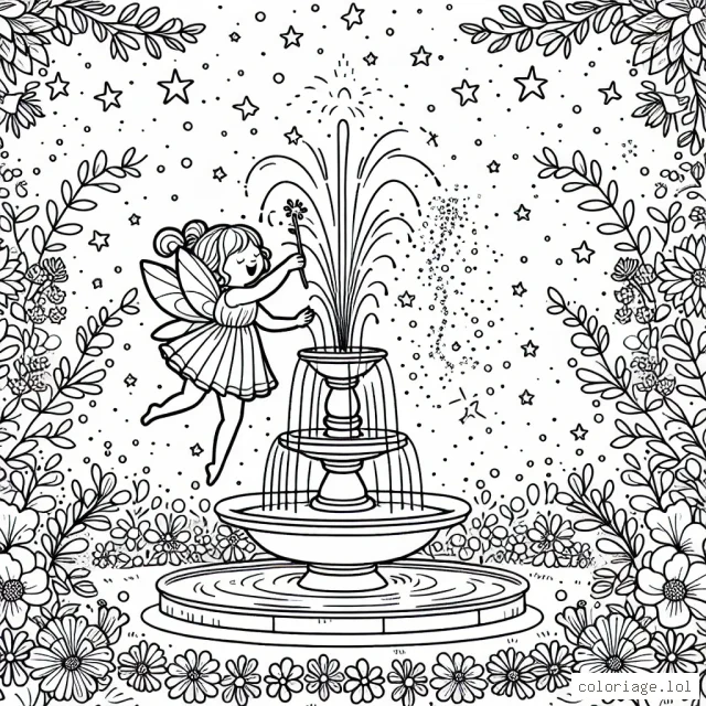 Une petite fée danse joyeusement autour d'une fontaine sertie de fleurs épanouies, sous un ciel étoilé.