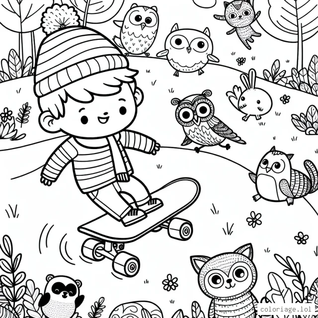 Un petit garçon sur son skateboard, zigzaguant à travers un parc peuplé d'animaux rigolos.
