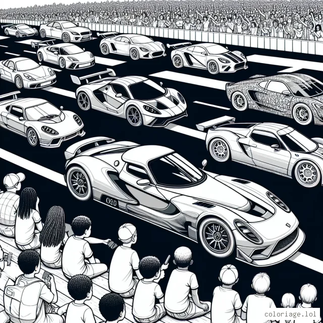 On a une flotte de voitures différentes disposées joliment avant une course de rue. Il y a une variété de voitures, y compris des voitures de sport modernes, des voitures classiques et des véhicules de concept futuriste. Un public enthousiaste est présente pour observer l'événement dans les gradins.