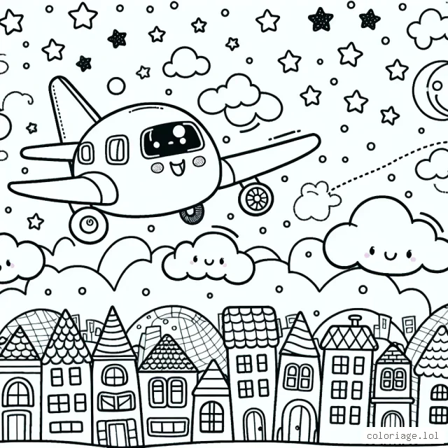 Un avion survole une ville peuplée d'adorables immeubles multicolores avec un fond de ciel d'azur empli d'étoiles et de nuages. Dans l'avion, un petit bonhomme souriant regarde par le hublot avec excitation.