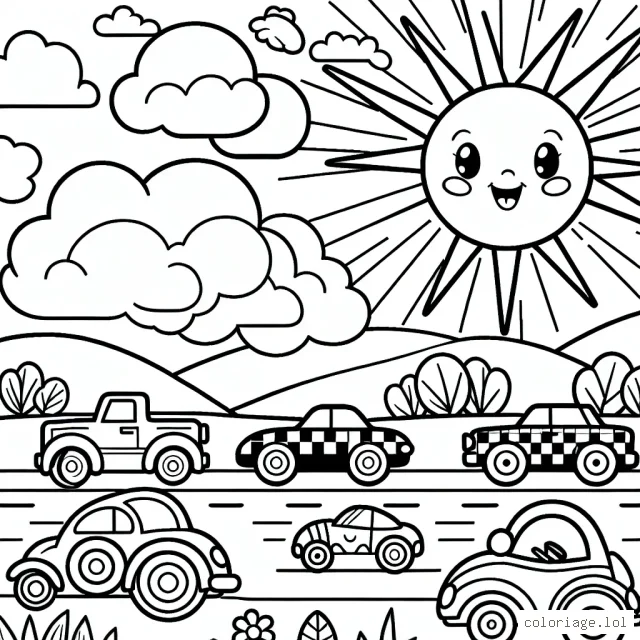 Dessine une animée course de voitures avec des véhicules colorés sous un ciel d'été éclatant.