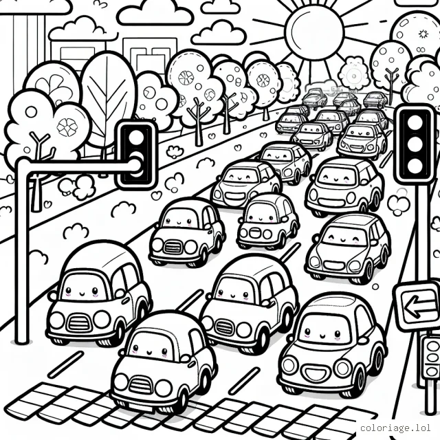 Dessine une scène joyeuse avec plusieurs voitures colorées dans une rue animée de la ville pendant une belle journée ensoleillée. N'oublie pas d'ajouter des détails comme des feux de signalisation, des panneaux de direction et des arbres le long de la route.