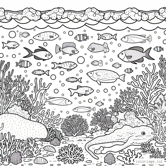 Une scène de la vie sous-marine avec plein de poissons, de coraux et des animaux marins exotiques.