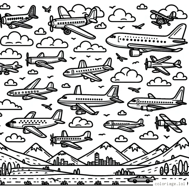 Imaginez un ciel plein d'avions de différentes formes, tailles et époques. Il y a des avions à hélices, des jets, des biplans, des avions commerciaux modernes et même des dirigeables. Chaque avion survole un paysage différent : montagnes, océans, champs, villes... Et n'oubliez pas d'y ajouter des nuages et des oiseaux volant avec eux.