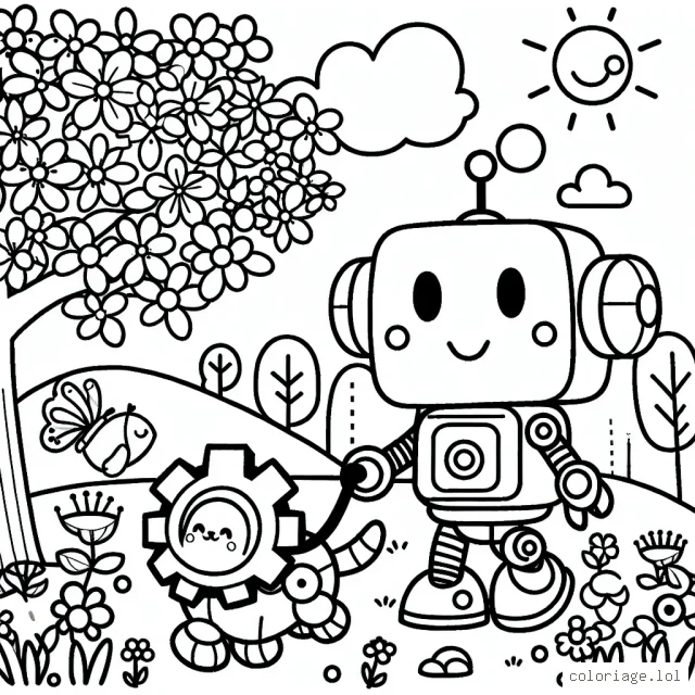 Un robot souriant qui promène son chien en forme d'engrenage dans un parc ou éclatent des fleurs de printemps et de petits animaux.