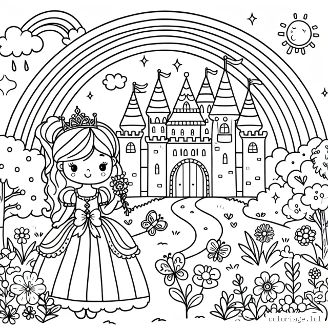 Dessine une belle princesse devant un château magique au milieu d'un jardin fleuri ensoleillé, avec un arc-en-ciel, un papillon et un oiseau.