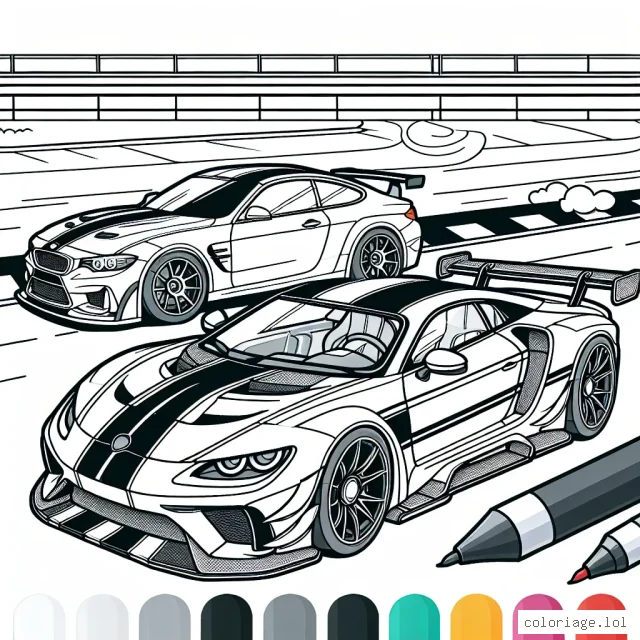 Dessine une Ferrari, une Mercedes et une Volkswagen dans un décor de course en utilisant tes couleurs préférées.