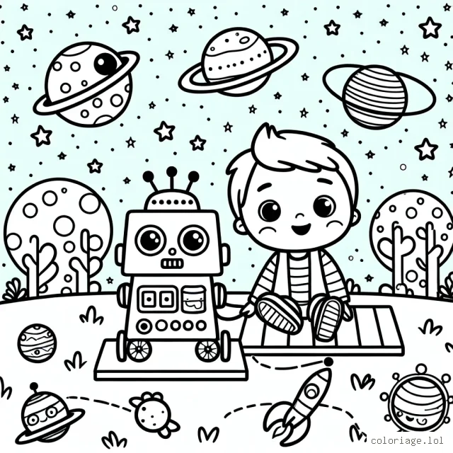 Un petit garçon qui joue avec son robot dans un parc spatial, entouré de planètes curieuses et d'étoiles scintillantes.