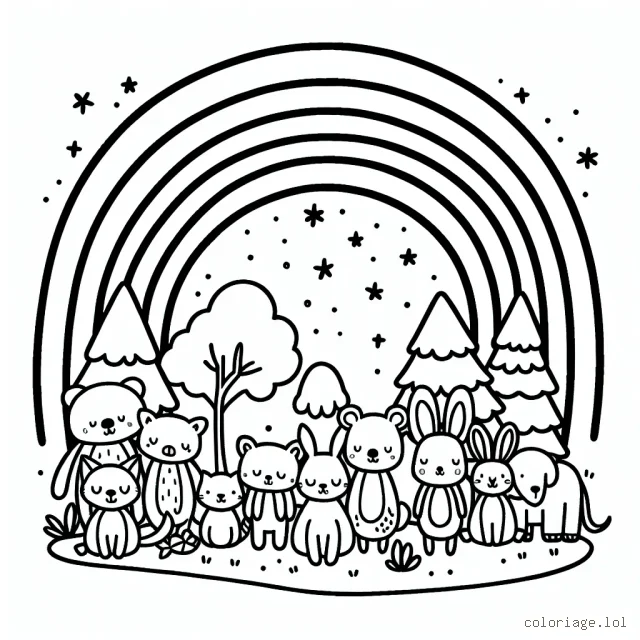 Une réunion des animaux de la forêt sous un arc-en-ciel