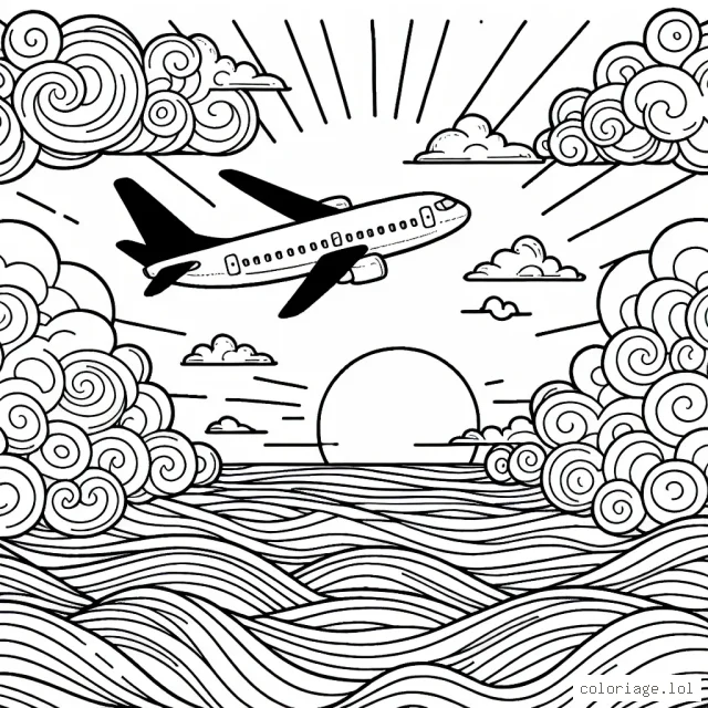 Un avion volant haut dans le ciel, traversant des nuages doux et moelleux. En bas, une vaste mer avec des vagues sauvages. A l'horizon, le soleil se couchant, créant un paysage coloré de teintes oranges et roses.