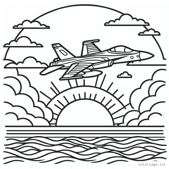 Dessine un avion de chasse rasant l'océan en plein vol avec un coucher de soleil à l'arrière-plan
