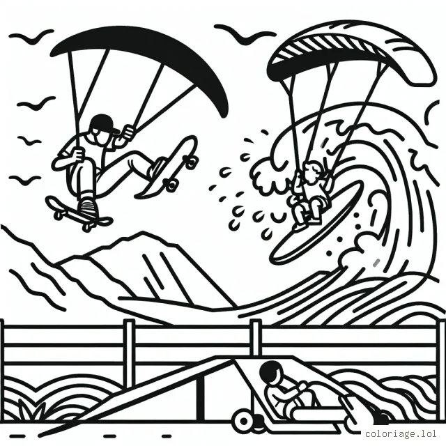 Imaginez une scène dynamique d'un skateur effectuant un flip trick sensationnel au-dessus d'une rampe, tandis qu'un surfeur défie une vague gigantesque en arrière-plan. Ajoutez-y aussi un parapentiste qui plane haut dans le ciel au-dessus d'eux.