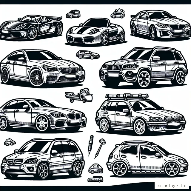 Dessine des voitures par marque: Porsche, Mercedes, BMW, Audi, Renault, Peugeot et Citroën. Imagine chaque voiture avec son design propre et caractéristique, et ajoute des détails qui sont spécifiques à chaque marque.