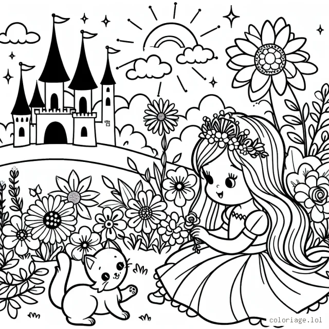 Une princesse jouant avec son chaton dans un jardin féerique, entourée de fleurs colorées et d'un château au loin.