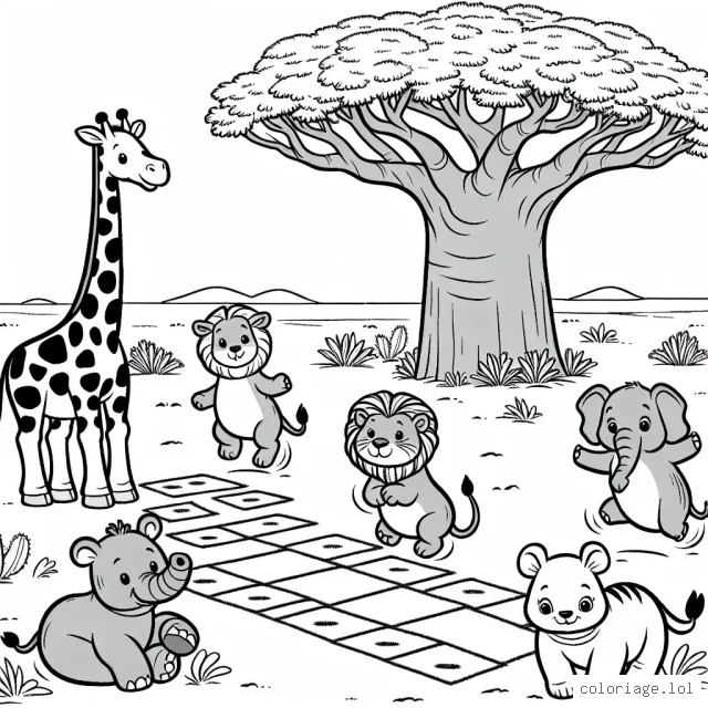 Une joyeuse bande d'animaux de la savane joue à la marelle sous un gros baobab