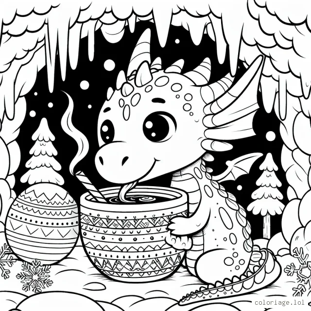 Un dragon buvant un chocolat chaud dans sa grotte enneigée