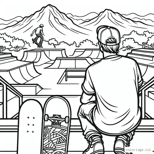 Dans la vue d'un skateur professionnel, dessinez un parc de skateboard plein d'obstacles variés tels que des rampes et des rails, avec une montagne à l'arrière-plan pour montrer le danger et l'excitation du sport.
