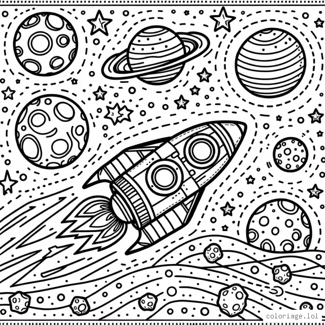 Dessinez une voiture de course spatiale zoomant à travers un champ d'astéroïdes colorés, avec des planètes lointaines en arrière-plan.