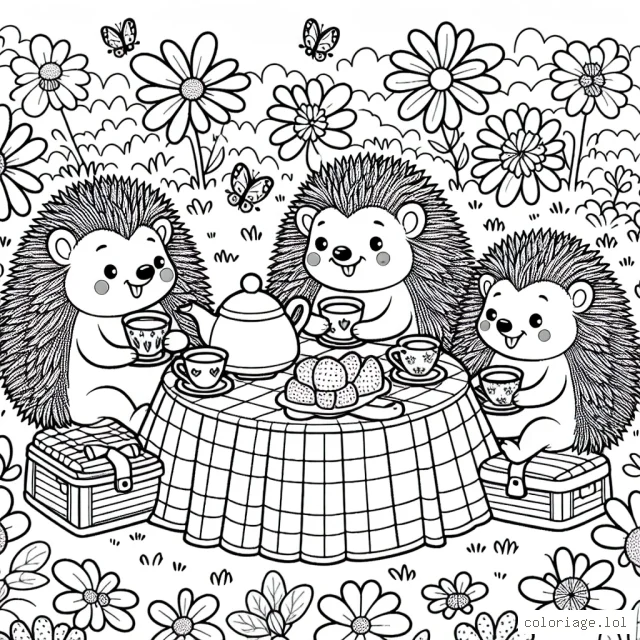 Un groupe de hérissons pendant un pique-nique façon tea party dans une prairie fleurie