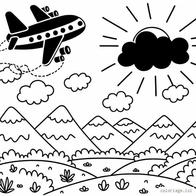 Un avion survole un paysage ensoleillé avec des montagnes en arrière-plan.