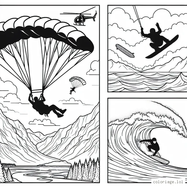 Un parachutiste plane au-dessus de montagnes enneigées tandis qu'un surfeur défie les vagues monumentales d'un océan furieux et qu'un snowboarder execute un salto arrière impressionnant. Dessine et colorie ces scènes de sports extrêmes !
