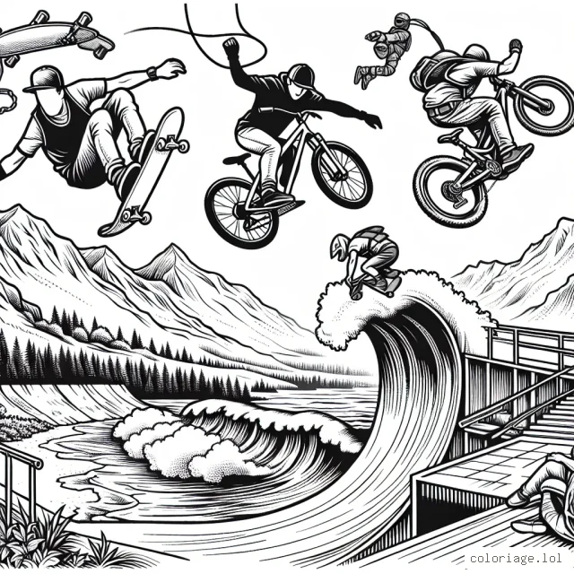 Une collection de sports extrêmes qui inclut le skateboard dans un parc de rampes, la descente de montagne en VTT, le surf sur des vagues énormes et le saut à l'élastique depuis un pont haut. Chaque sport est représenté par un athlète en action position, ajoutez des détails complexes pour donner du mouvement et de l'énergie à la scène.