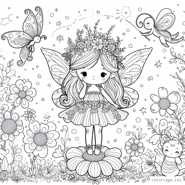 Une petite fée douce et gracieuse se tient sur une fleur d'une prairie féerique, entourée de ses amis animaux magiques.