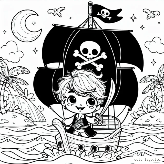 Un petit pirate audacieux navigue sur une mer agitée vers une île mystique pleine de trésors.