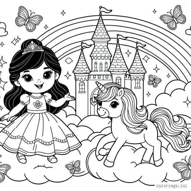 Un merveilleux château sur un nuage avec une petite princesse et son poney magique, entourés de jolis papillons et d'arc-en-ciel lumineux.