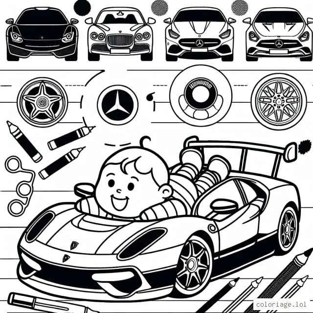 Dessine et colore des voitures par marque. Tu peux voir des modèles tels que Ferrari, Mercedes, Lamborghini, BMW, et Audi. N'oublie pas de détailler les insignes de chaque voiture.