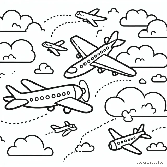 Dans ce dessin illustré, vous découvrirez différents avions volant dans le ciel nuageux. Assemblez les couleurs pour donner vie à cette scène aérienne passionnante!