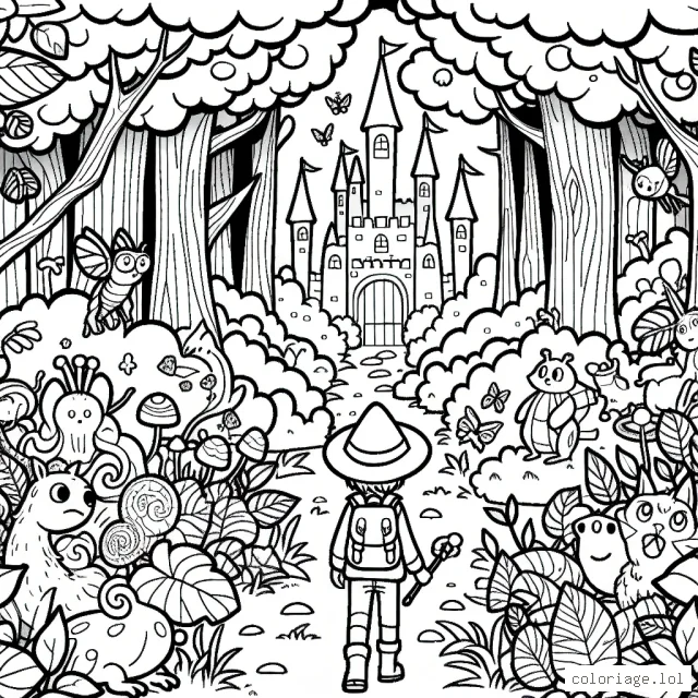 Dessine un aventurier explorant une forêt magique pleine de créatures fantaisistes.