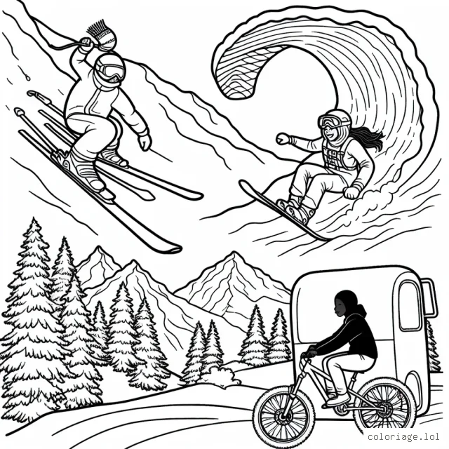 Dessine un skieur dévalant une descente vertigineuse en montagne, une snowboardeuse effectuant une figure audacieuse dans un half-pipe enneigé, un parapentiste volant au-dessus des sommets alpins et un véttétiste s'élançant sur un parcours difficile en forêt.