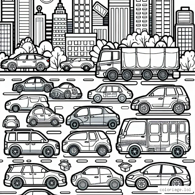 Une image à colorier détaillée montrant une variété de voitures de différentes marques en rangée dans un paysage urbain.