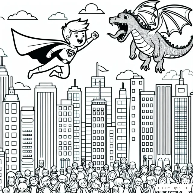 Dessine un jeune super-héros volant au-dessus de la ville, protégeant ses habitants contre le méchant dragon cracheur de feu.