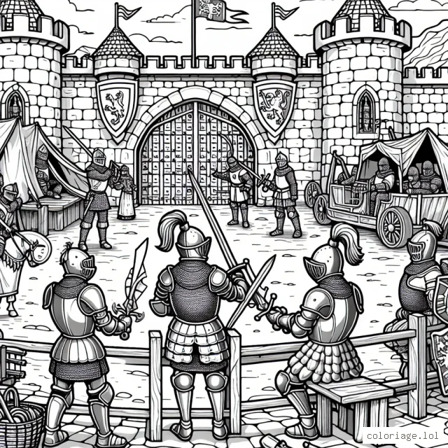 Une scène de chevaliers se préparant pour le tournoi dans un château médiéval