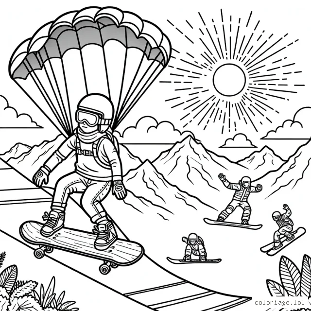 Un enfant glissant en skateboard sur une rampe avec un parachute dans le dos, autour de lui des montagnes avec des sportifs en train de faire du snowboard et du base jump, le tout accompagné d'un soleil radieux caché derrière les nuages. N'oublie pas d'ajouter plein de détails pour rendre ton coloriage plus vivant !