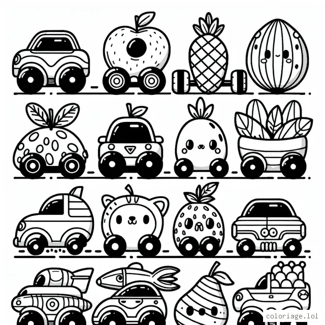 Des voitures amusantes de différentes formes et tailles sont alignées pour une course incroyable. Certaines se ressemblent à des fruits, d'autres à des animaux, et d'autres encore sont inspirées par la nature. Toutes ces voitures colorées et uniques sont prêtes à démarrer dans une course vibrante.
