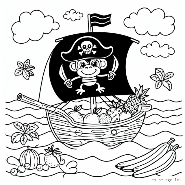 Un singe pirate parcourant les sept mers avec son bateau de fruits