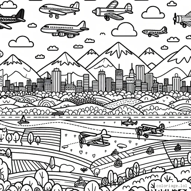 Un cortège d'avions de diverses ères et modèles survolant un paysage diversifié avec des montagnes, des forêts, des champs et une ville grouillante en arrière-plan.