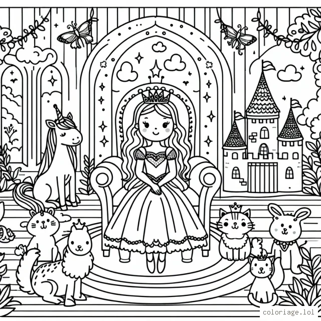 Une princesse assise sur un trône dans un château enchanté, entourée de ses amis animaux