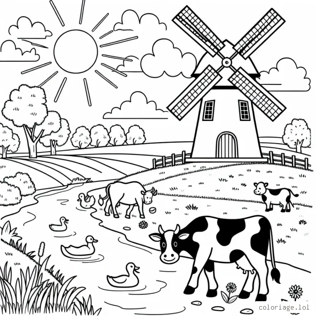 Dessine un paysage champêtre avec un majestueux moulin à vent, des vaches paissant paisiblement dans le champ, une rivière tranquille avec des canards et un rayonnant soleil.