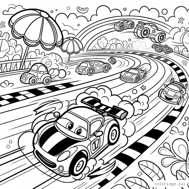 Une voiture de course roule à toute vitesse pour atteindre la ligne d'arrivée, elle est poursuivie par des véhicules colorés dans un terrain plein d'obstacles et de surprises.