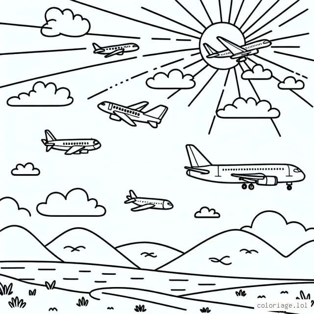 Un tableau de différents types d'avions volant dans le ciel en plein jour