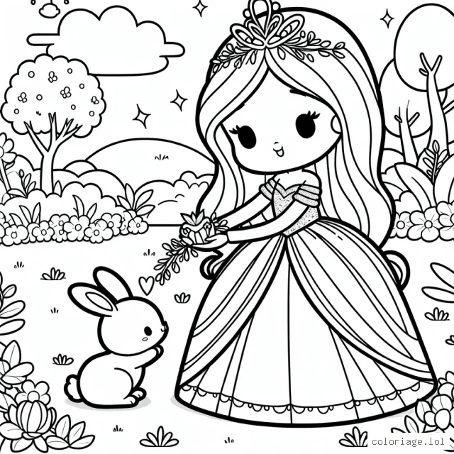 Une princesse à la longue robe pétillante, se tenant dans un jardin luxuriant, nourrissant un adorable petit lapin mignon