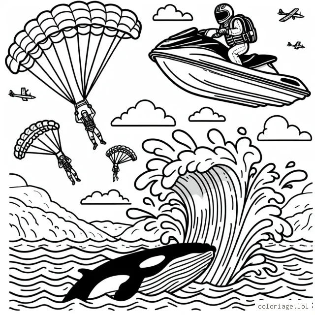 Un scooter des mers sautant par-dessus une grande vague, avec une baleine émergeant de l'eau en dessous et une équipe de parachute en arrière-plan