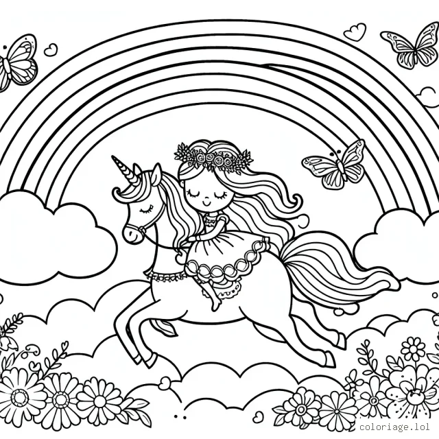 Une princesse féérique chevauchant un licorne sous un arc-en-ciel entourée de papillons et de fleurs