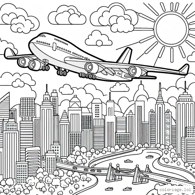 Dessine un avion commercial en plein vol au-dessus d'une ville animée pendant la journée. L'avion a des ailes larges avec des réacteurs jumeaux. Les bâtiments de la ville sont variés avec des gratte-ciel, des ponts et des parcs. Le ciel est éclairé par un soleil brillant avec des nuages doux et moelleux.