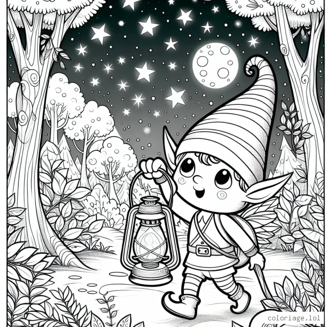 Un petit elfe à la lanterne magique explorant une mystérieuse forêt enchantée pendant une nuit étoilée