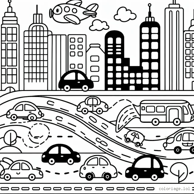Imagine un dessin où des voitures de différentes formes et tailles se déplacent dans une ville animée. Il y a une petite voiture rouge qui se faufile dans la circulation, une grande voiture verte sur la voie rapide et une voiture bleue avec des ailes qui vole au-dessus des bâtiments. Colorie chaque voiture et tout le paysage urbain avec des couleurs vives.